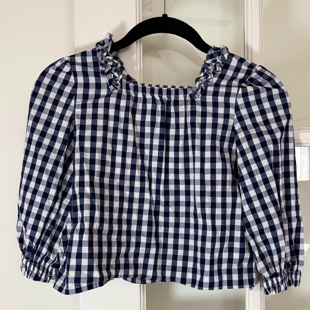 Crewcuts Gingham Ruffle Neck Blouse - size 4-5